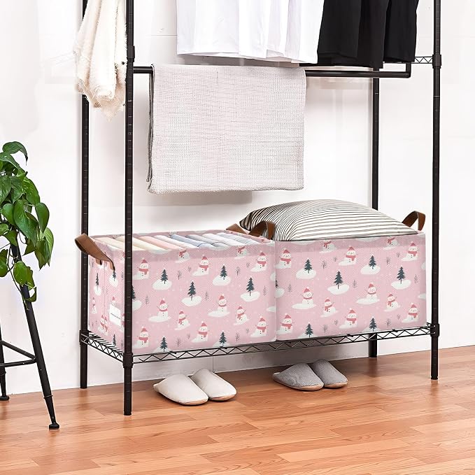 Pink and White Christmas Snowman Storage Bins for Shelves with Labels&Handles Fabric Organizer Bin Foldable Rectangle Storage Basket Boxes for Closet, Bathroom, Home, Living Room