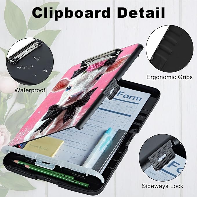 A4 Clipboard with Storage Pen Holder, Clipboards Organizer Nursing Clipboard Foldable File Folder Plastic Clipboard Folio Clip Board for Office Work Classroom Doctor, Pink Flower White Cow