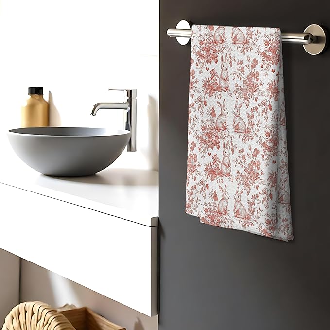 Pink Chinoiserie Rabbit Kitchen Towels,Farm Rabbit Gift Decorative Hand Towels,Pink Grandmillennial Botanical Animal Print Floral Dish Tea Towels Decor for Kitchen Bathroom, 16x24 Inch