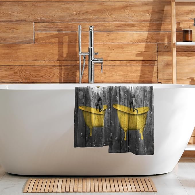 Giwawa Rustic Daisy Wooden Towels Set of 2- Bright Yellow Flower Shower in Bathtub Bubble on Vintage Country Barn Board- Farmhouse Plank Hand Face Fingertip Towel for Bathroom Guest Decor