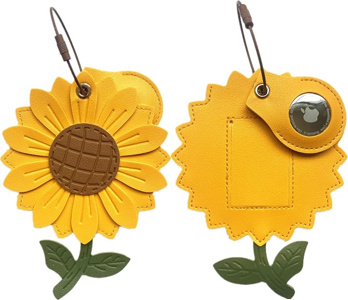 PU Leather Luggage Tag with Airtag Holder Case Set and Name ID Label | Hidden Compartment for AirTag Travel Suitcase Tracking Case with Stainless Steel Loop,Cute Fruit Plant Styles,Sunflower