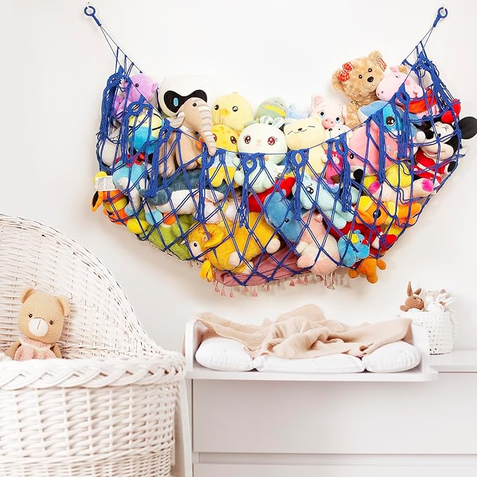 Amdermi Large Stuffed Animal Storage Net or Hammock for Wall Mounted Macrame Stuffed Animal Display For Boho Nursery Baby Boy Playroom Toy Organizers Pet Net-Blue