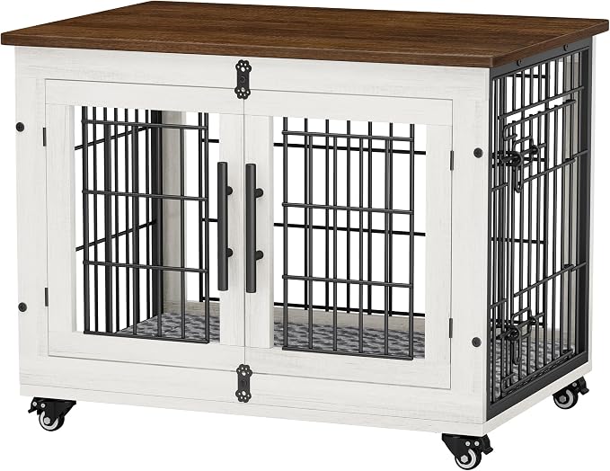 YaFiti Dog Crate Furniture, 32.5” Wooden Indoor Dog Kennel, White | Cushion, Wheels, Double Doors, Furniture Style, Side End Table, Decorative Pet Cage House, Up to 45 lb, for Small/Medium Dogs