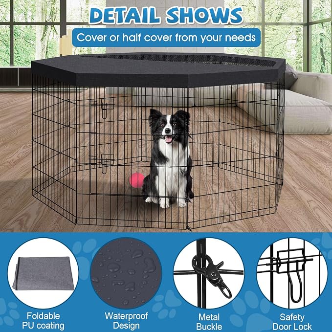 Peekaboo Dog Playpen 30 Inch, 8 Panel Metal Pet Fence with Top Cover | 30 Inch 8 Panel Foldable Rustproof Metal Dog Playpen with Octagonal Top Cover, GRS Certified Recycled Material