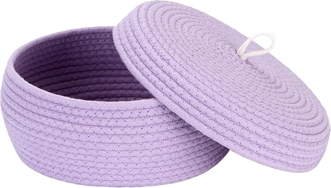Sea Team Round Woven Cotton Rope Storage Basket with Lid, Lavender | Lidded Knitted Decorative Storage Bin, Pot, Caddy, Organizer, Container for Snacks, Towels, Plants, 13 x 5.5 Inches