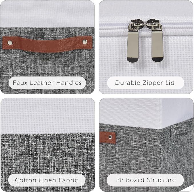 Storage Bins with Zipper Lids Decorative Lidded Baskets Boxes | Clothes Container, Closet Shelf Organizer, Foldable Washable, Cotton Linen Fabric, w/ PU Leather Handles, Gray White, Large