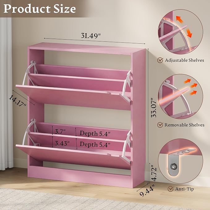 BORNOON Shoe Cabinet with 2 Flip Drawers, Slim Narrow Shoe Storage Cabinet, Freestanding Shoe Organizer with Adjustable & Removable Shelves, Top Display Shelf for Entryway, Hallway, Foyer, Closet