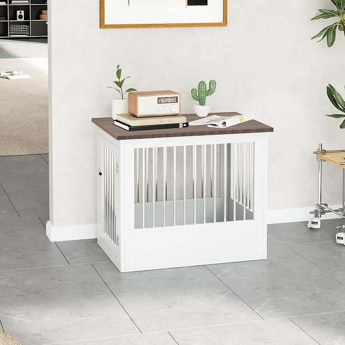 30" Wooden Dog Crate Furniture,Medium Kennel Pet Cage End Table for Indoor | for Small Medium Dogs, White and Wood, Fits Living Room Bedroom, Heavy Duty Steel Frame with Lock 45 lbs Cap, 100 lbs Top.
