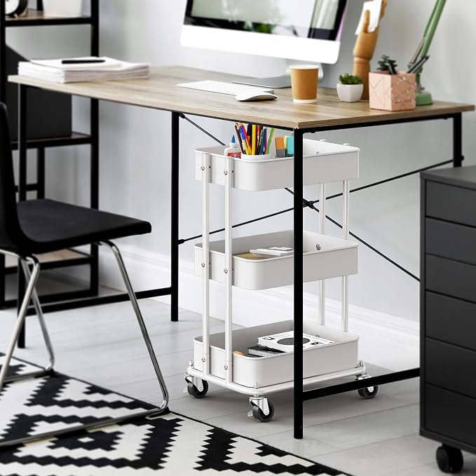 Simple Houseware 3-Tier Utility Cart, Low 24" Height Fits Under Desk, White | Compact & Lower Height Great for Under-Desk Space-Saving Storage for Home Office, Dining Room, or Kitchen
