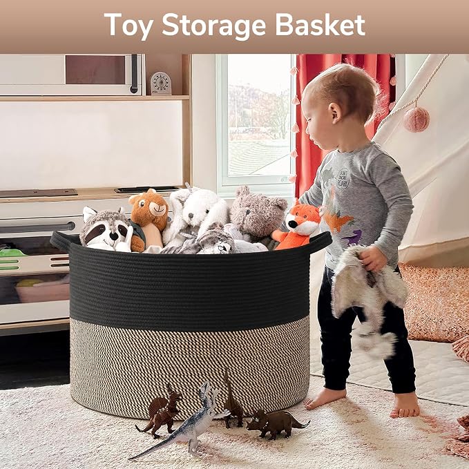 Goodpick 115L Extra Large Storage Basket for Blankets Toys for Nusery Room | 23.5 x 23.5 x 15.8 In Woven Basket for Storage, Kids Toy Storage for Playroom, Laundry Basket for Towels, Black & Mix Jute