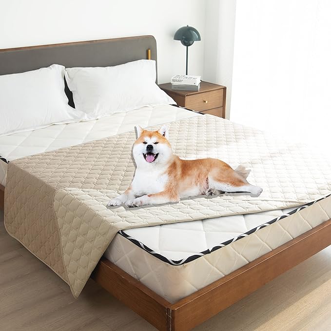 gogobunny Waterproof Dog Blankets for Large Dogs, Pet Bed Cover Breathable | Washable Pee Pads, Quilted Throw Blanket, Furniture Protector for Couch Sofa Bed Car, 82x82 Inch Dark/Light Beige