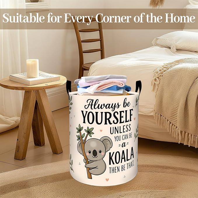 Cartoon Koala Laundry Basket, Inspirational Foldable Oxford Cloth, Waterproof Dirty Clothes Hamper with Handles, Clothing Storage Bin Toy Organizer for Bedroom Dorm Bathroom, 19.7"x15.7"
