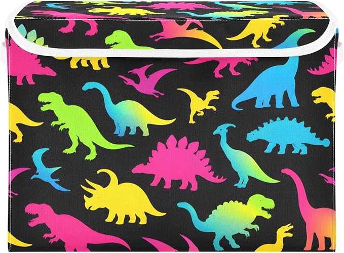 Storage Bins with Lid Colorful Dinosaurs Foldable Storage Boxes 40L Baskets | Decorative Storage Boxes, 300D Oxford Cloth, Hollow Board Frame, Flip Top Velcro Lid, 16.5x12.6x11.8 inch, Collapsible Design