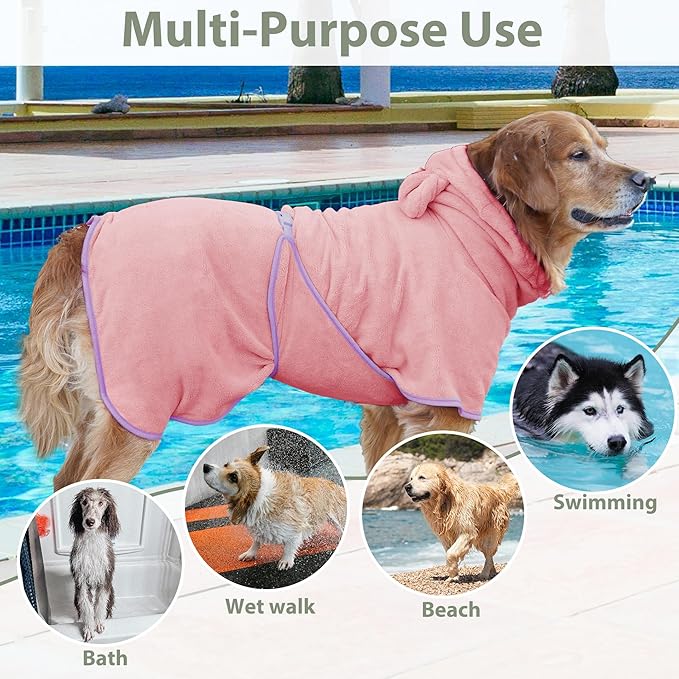 Dog Bathrobe Super Absorbent Towel Robe - Microfiber Bath Towels Fast Drying Coat for Dogs, Cute Dogs Clothes Adjustable Collar & Belly Strap Warm Keeping Hooded Dog Towel (Pink, XX-Large)