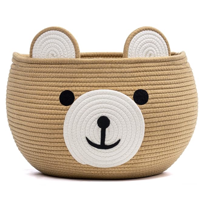CherryNow Large Baby Basket for Gifts Empty, Cute Bear Design, Brown | 15.7" x 10.5" Baby Shower Basket for Kids Boys Newborn Storage, Woven Rope Toy Basket, Fits Living Room Nursery Décor