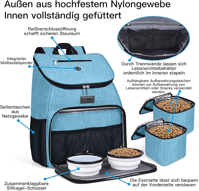 BAGLHER丨Dog Travel Bag, Airline Approved Pet Supplies Backpack, Dog Travel Backpack with 2 Silicone Collapsible Bowls and 2 Food Baskets