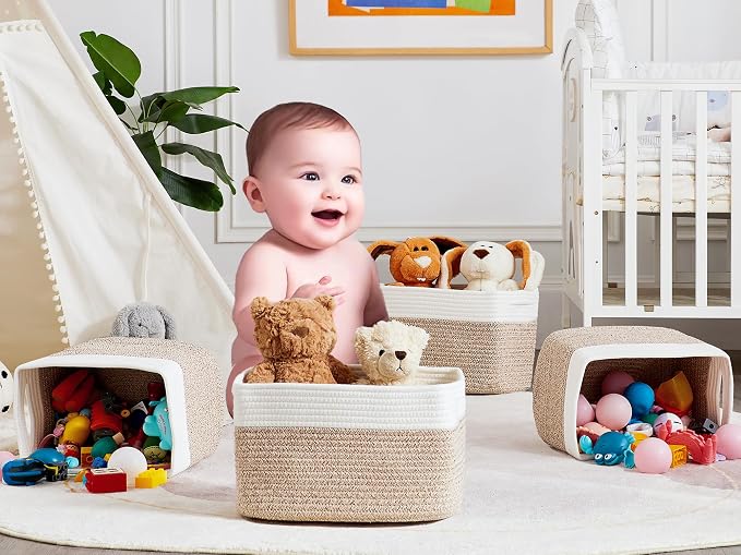 4 Pack Storage Baskets for Organizing Woven Baskets for Shelves | Cotton Rope Rectangle Storage Basket Bins for Bedroom & Living Room 12.7''Lx9''Wx7.8''H, Brown & White