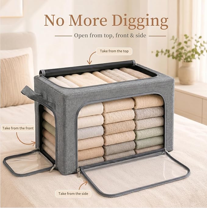 GoMaihe Clothes Storage Bins with Metal Frame for Blanket 3 Pack 66L Grey | Closet Top Shelf Linen Closet, Winter Clothing Bedding Comforters, 3 Side Access Stackable Collapse-Proof See Through Window
