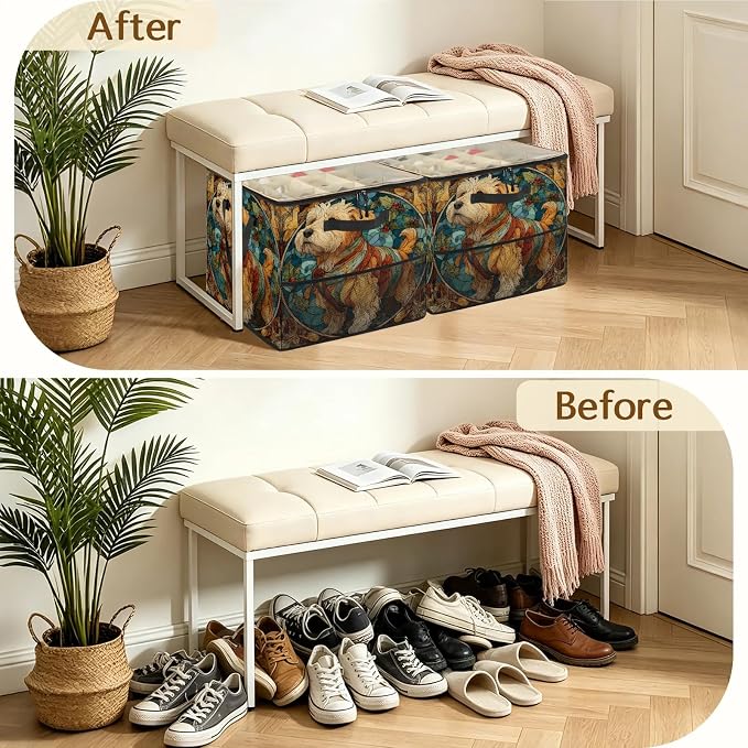 TropicalLife Boho Strained Glass Dog Shoe Organizer for Closet | Foldable Shoe Storage Box Bin 16-32 Pair Shoe Storage for Sneakers, Boots & Heels with Adjustable Dividers, Clear Cover