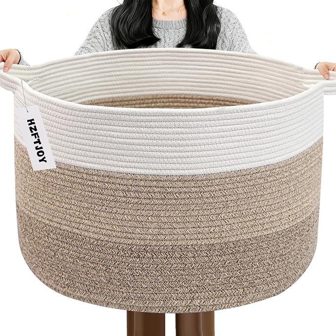 115L Extra Large Blanket Basket,Woven Rope Laundry Basket-Mix Brown | Collapsible Nursery Storage Bin with Sturdy Handles, Organizes Clothes, Toys and Pillows for Living Room, Bedroom, Bathroom