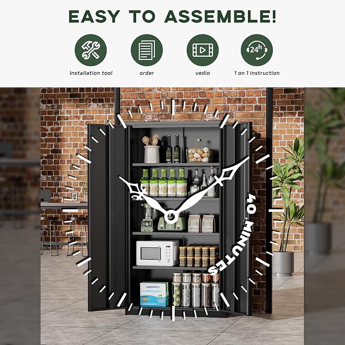Greenvelly Metal Garage Storage Cabinet, 72” Locking Black Tool Steel Cabinet with Doors and 4 Shelves, Tall Metal Cabinets with Garage Storage Systems for Home Office, Kitchen/Pantry