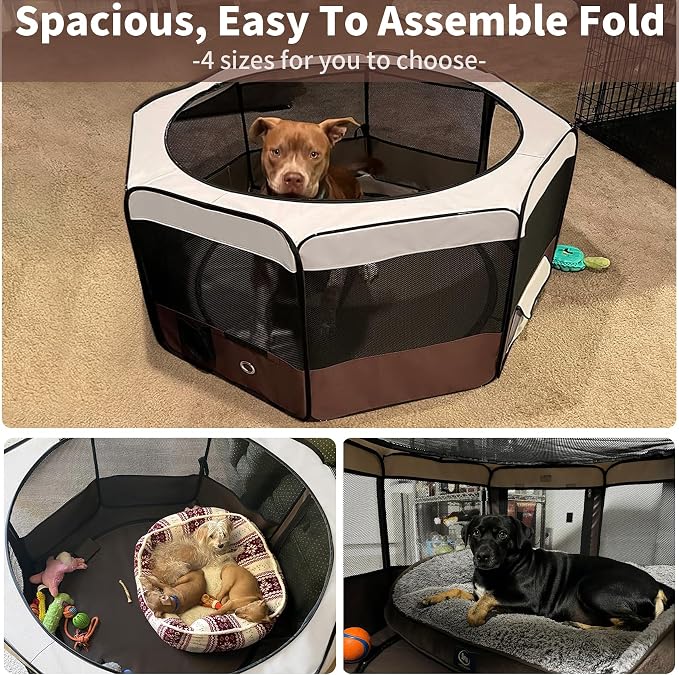 Dog Playpen Portable Pet Play Pens for Small Dog/Cat/Rabbit/Chicks, Cat Playpen Indoor/Outdoor with Carring Case, Removable Zipper Top and Bottom (Brown, Small (28"x28"x14"), 8)