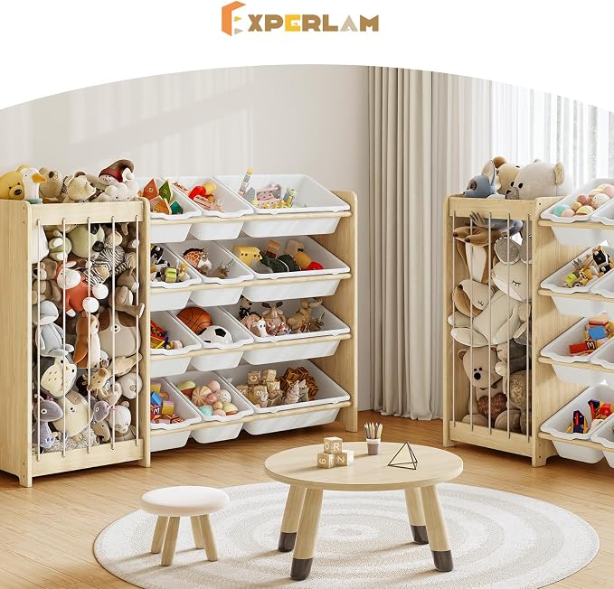 EXPERLAM Kids Toy Storage Organizer, 2-in-1 Stuffed Animal Storage & Toy Organizer w/12 Bins, Solid Wood Toy Rack Featuring Thicker Elastic Ropes to Hold Toys, Playroom Nursery Bedroom Storage, White