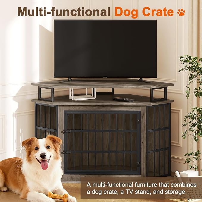51" Corner Dog Crate Furniture Large Wooden Dog Kennel Indoor Dog House | With 2-Tier Shelves, Large Storage Space, Space-Saving Design, Multi-functional Pet House, Sturdy & Secure, Easy Assembly