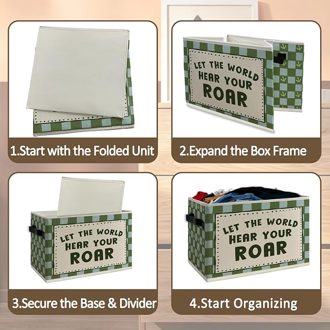 Dinosaur Nursery Cube Storage Bins with Handles, Dinosaur Blue Green Checkered Collapsible Fabric Storage Basket Boxes Books Clothes Organizer for Kids Boys Room Bedroom Playroom Bathroom