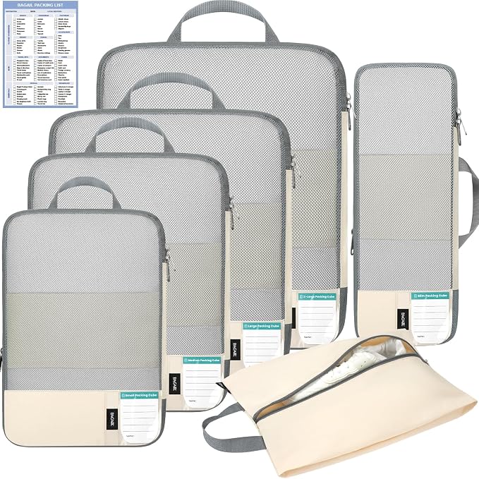 BAGAIL Lightweight Compression Packing Cubes for Travel, 6 Set, Beige | Salis Nylon Fabric,Anti-Tearing,Save Space,SBS Zippers,Packing List,PVC Tag Pocket,Custom Labels,Visible Mesh,Portable Handel