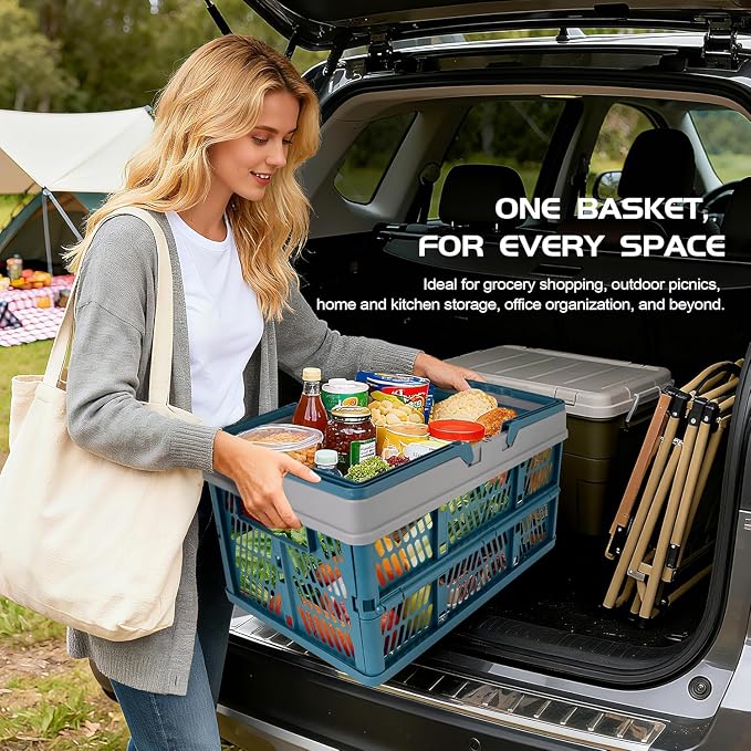 VALESKA Collapsible Crate 20L, Plastic Milk Crates for Storage, Foldable Collapsible Shopping Basket with Handles,Car Trunk Basket,for Kitchen（Deepblue）