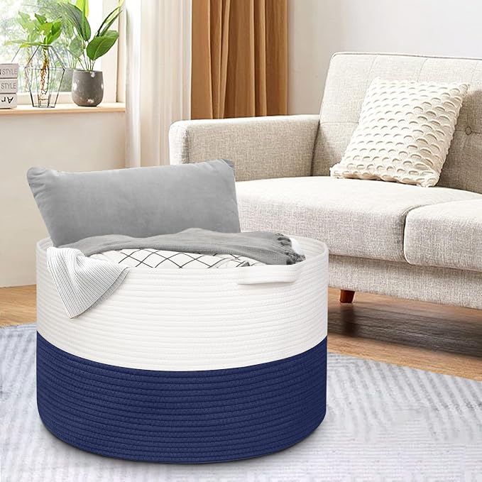 MEGASKET 115L Super Large Blanket Basket, Cotton Rope Woven Bin for Toy, Clothes, Laundry, Shoes, Toy Box for Living Room, Oversized Organizer, XXXL Jumbo Basket for Blankets, 23.6"x15.7", Navy Blue
