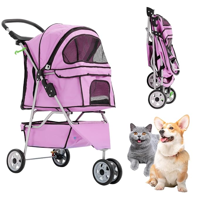 Dog Stroller With Storage Basket,3 Wheels Pet Stroller,Breathable Compact Portable Folding Carrier For Travel,Camping,Dog Carrier For Small Medium Dogs Or Cats,Lightweight Waterproof Pet Stroller,PINK