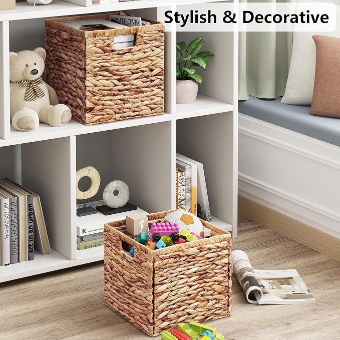 Vagusicc Wicker Storage Basket, Set of 2 Handwoven Water Hyacinth Storage Baskets for Organizing, 9 inch Foldable Storage Cubes with Handles for Laundry Organizer Bins for Bathroom Shelves & Decor