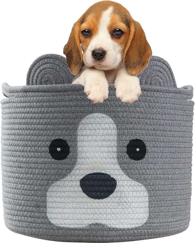 Medium Dog Woven Baskets with Handle, Dog Toy Hamper, Cotton Rope Dog Toy Storage Baskets for Pet, Animal Basket for Kids, Baby Gift Baskets for Dog Lovers, Grey