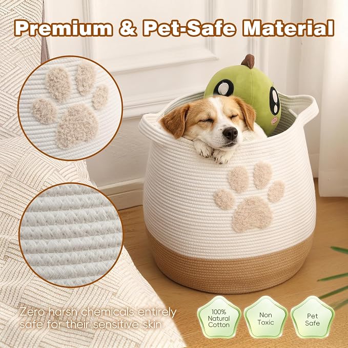 Large 17.7" Cotton Rope Pet Toy Storage Basket with Cute Paw Print - Woven Dog Toy Bin & Cat Organizer - Soft Round Hamper for Puppy Blankets, Treats, Nursery & Living Room Storage