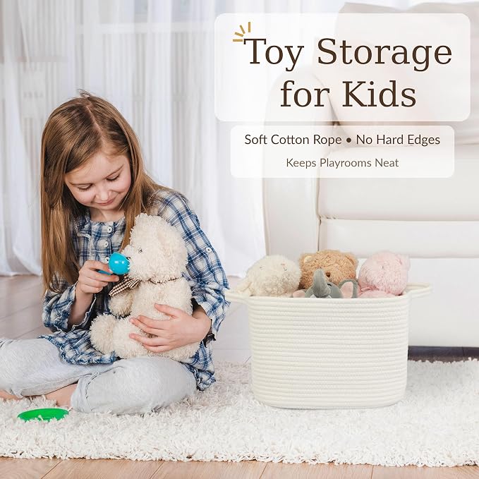 XUANGUO Woven Cotton Rope Storage Basket with Handles 13x10x9 inch White | 13" x 10" x 9" woven cotton rope basket for shelves and closets. Perfect for toys, books, towels, clothes and nursery storage