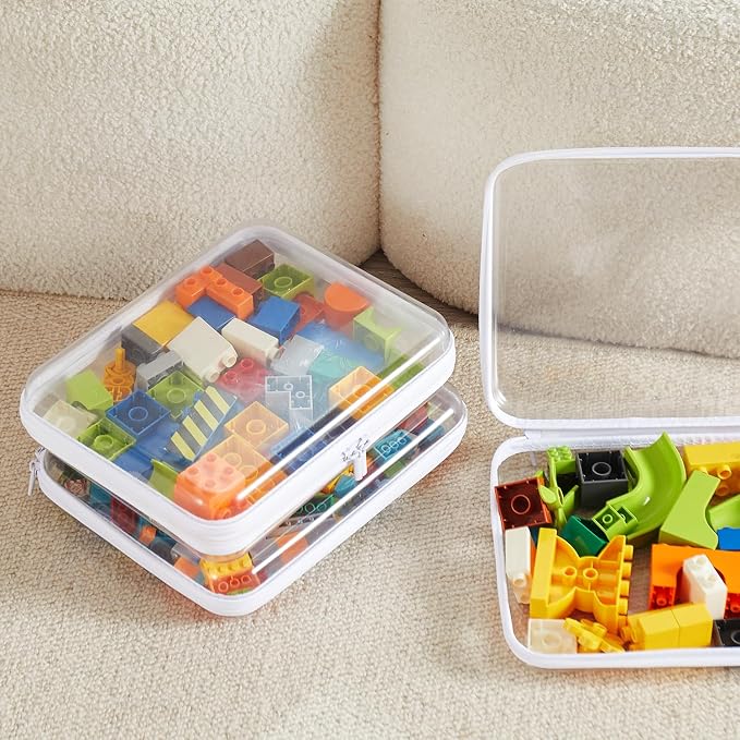MACOPRO 4PCS Medium Clear Hard Shell Zipper Pouch - Makeup Organizer & Toy Storage Bag for Lego Bricks, Transparent Pencil Case for Stationery, Portable Travel Toiletries Bag
