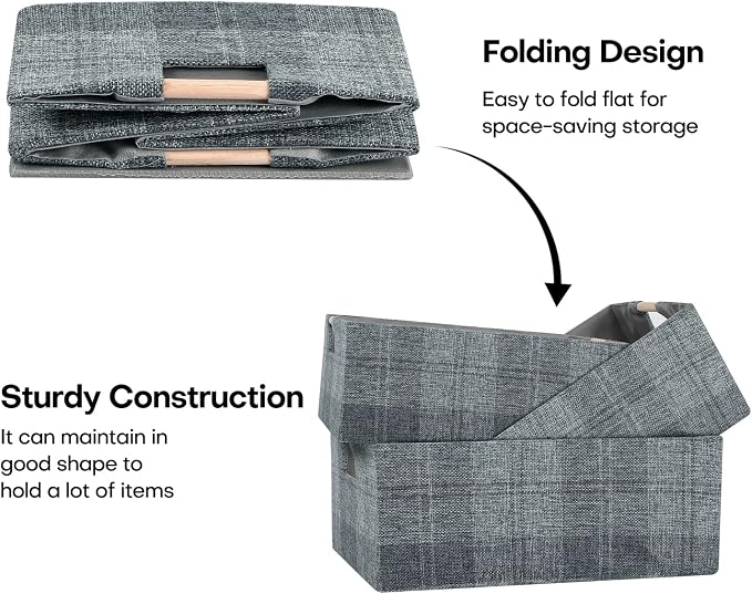 Fabric Storage Box, 13x9in Foldable Cotton Linen Basket with Wooden Handle | Small Rectangular Cube Decorative Home Laundry Organizer Clothes Blanket Container Organizing Clothes Sheet, Dark Gray Plaid