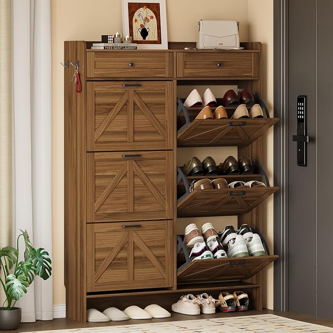 BORNOON Shoe Cabinet for Entryway, Farmhouse Shoe Storage Cabinet with 6 Flip Drawers and 2 Top Drawers, Tall Narrow Shoe Organizer Cabinet with Adjustable Shelves, Side Hooks and Anti-Tip Kit