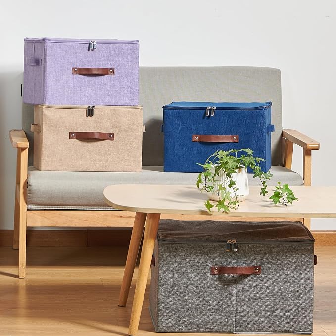 2PCS Storage Bins with Zipper Lids Decorative Lidded Basket Box | Clothes Container, Closet Shelf Organizer, Foldable Washable, Cotton Linen Fabric, w/ PU Leather Handles, Linen Color, Large
