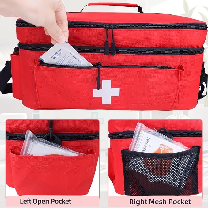 First Aid Bag Empty Large 2 Layer Medical Bag with Shoulder Strap 16”x 9½” x 7” Medicine Organizer Box Travel First Aid kit Emergency Supplies Storage Bag for Car, Home, Office, Outdoor (Red)