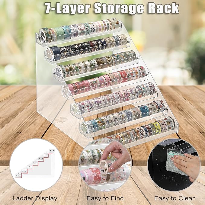 BTSKY 7 Tier Washi Tape Organizer - Clear Plastic Washi Tape Storage Rack, Assembly Washi Tape Storage Holder Washi Tape Dispenser Desk Accessories Display Caddy for Scrapbooking Art Craft Supplies