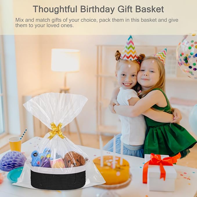 Small Empty Gift Basket with Bag & Ribbons, White & Black | 12“x8”x5”, Cotton Rope Woven Basket for Birthdays, Baby Showers, Mother's Day, Christmas; Stores Small Items, Kids & Pet Toys
