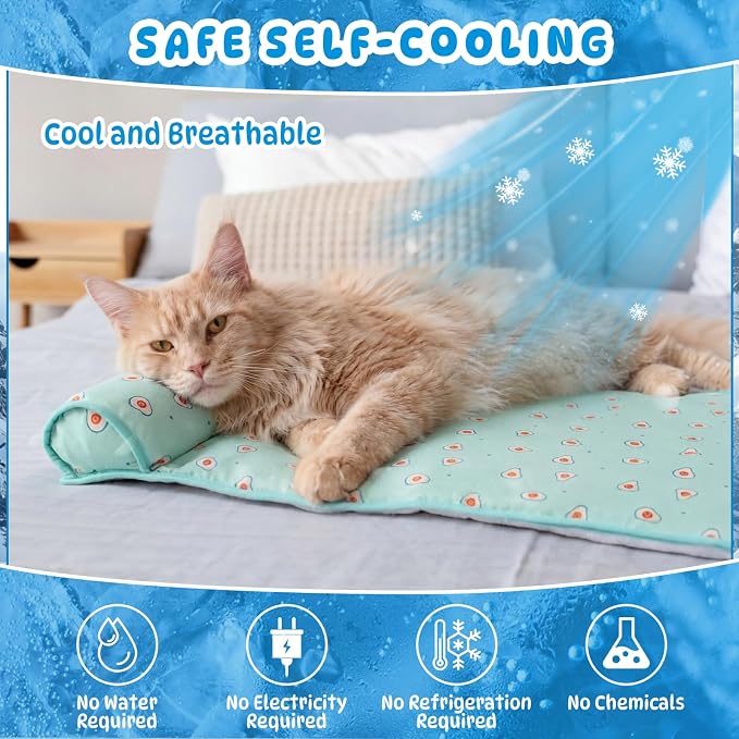 DoubleFill 4 Pack Cooling Pet Mats 15.7" x 23.6" Cooling Dog Beds with Supportive Pillow Self Ice Washable Cool Pads Summer Cat Sleeping Pad with Storage Bag for Summer Crate Floor (Small, Green)