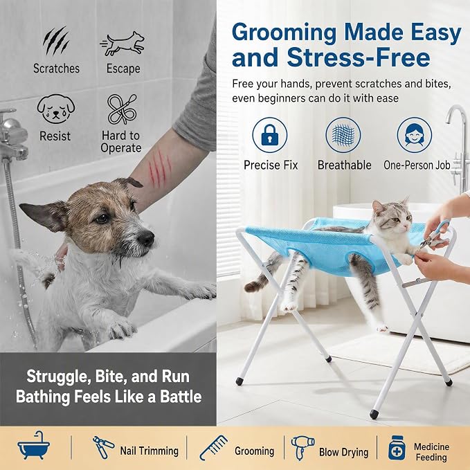 2-in-1 Foldable Pet Grooming Bed for Cat Small Dog with Nail Clippers (Black)