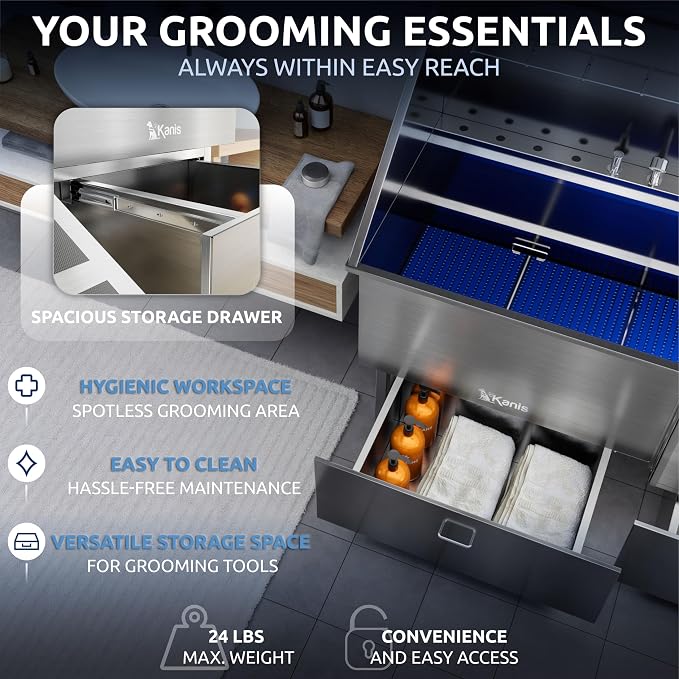 Professional Dog Washing Station 304 Stainless Steel Pet Wash Sink | Grooming Bathtub w/Shower, Floor Grates and Storage for Large, Medium & Small Pets (Silver, 61 Inches, Right Ramp, 1 Drawer)