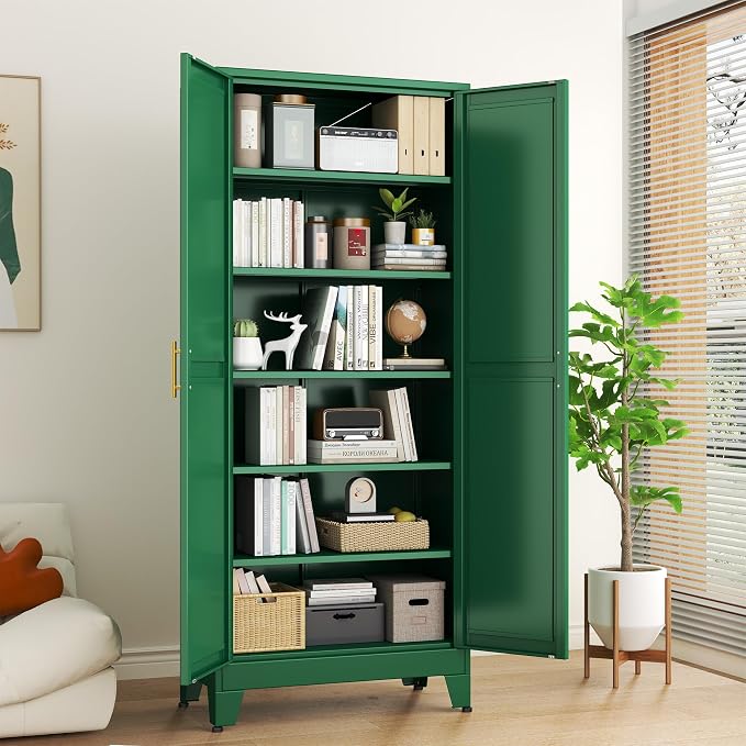 Green Metal Storage Cabinet,75" Steel Cabinets for Home Office | Kitchen Pantry Storage Cabinet with Doors and 5 Adjustable Shelves, Tool Cabinets, for Office, Home, Garage, School