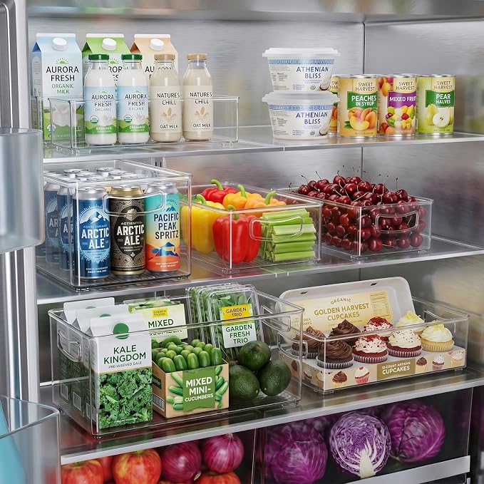 Heyuzb 16 PACK Freezer Organizer Bins Fridge Organizers and Storage Stackable Refrigerator Organizers Bins with Side Handles Clear Storage Bins for Pantry, Under Sink, Kitchen Cabinet