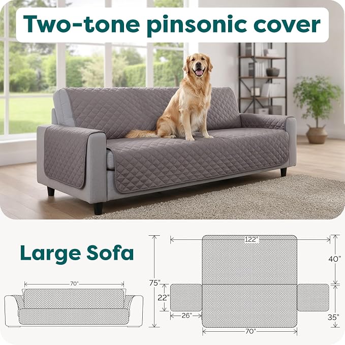 FurHaven Water-Resistant Sofa Cover for Dogs & Cats, Reversible Couch Protector with Secure Straps and Pinsonic Quilted Fabric, Machine Washable Couch Cover, Large Sofa, Gray Mist